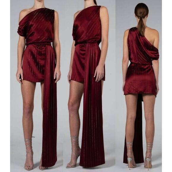 NWT Nonchalant Label Natalie One-Shoulder Drape Minidress Red Metallic Stripes S - Picture 2 of 7